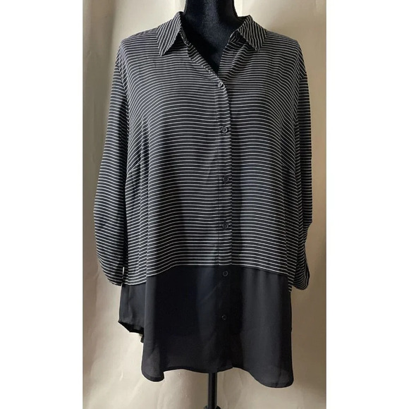 Chicos 3 US XL‎ Black White Stripe Button Up Blouse Top Roll Tab Long Sleeve - Picture 1 of 7